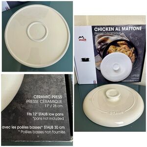 STAUB 11" Round Chicken Al Mattone Ceramic Press - Cream Open Box